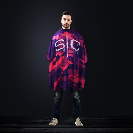 Waterproof Barber/Stylist Cape with Adjustable Closure in Pink and Purple Camo Design